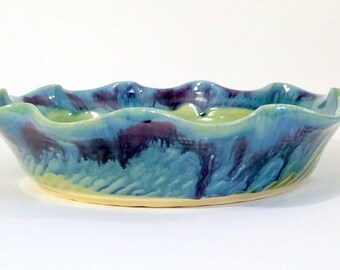 Fluted Pie Pan - Full Size Pie Pan - Wheel Thrown Pottery - Green, Purple and Blue - Microwave, Dishwasher and Oven Safe