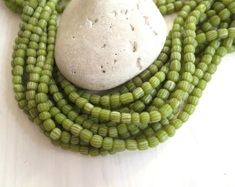 striped green glass seed beads, small matte opaque ethnic spacer barrel tube, Indonesian , New Indo-pacific 3 to 6mm / 10 in strd, 5A5-4