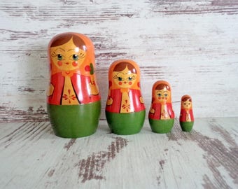 Vintage Russian Dolls, Set of 4 Matryoshka Nesting Dolls, Soviet Era Folk Art, Hand Painted Wooden Dolls, Made in USSR 70's - 80's