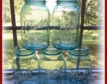 5 Blue Ball Mason Jars QUART Size Vintage