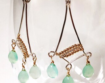 Blue chalcedony two-tone chandelier earrings - wirewrapped earrings