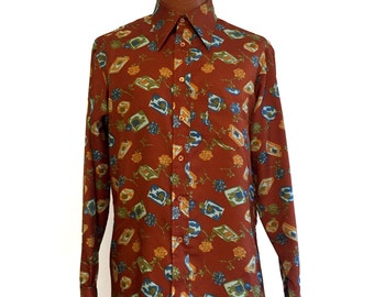 Vintage 70s Disco Button-Down Roses & Cologne Graphic by Narratifs Large // Polyester // Button-Up // Groovy // Long Collar