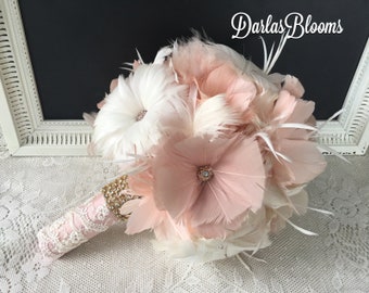 Rose gold Wedding flowers, Feather bouquet, Bridal bouquet, Gatsby Bouquet, Brooch bouquet, Blush Wedding bouquet, YOUR CHOICE COLOR