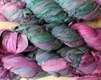 50 Yards, Laura's Garden, Pink and Green Sari Silk Ribbon, Fair Trade, from India, wrapping ribbon