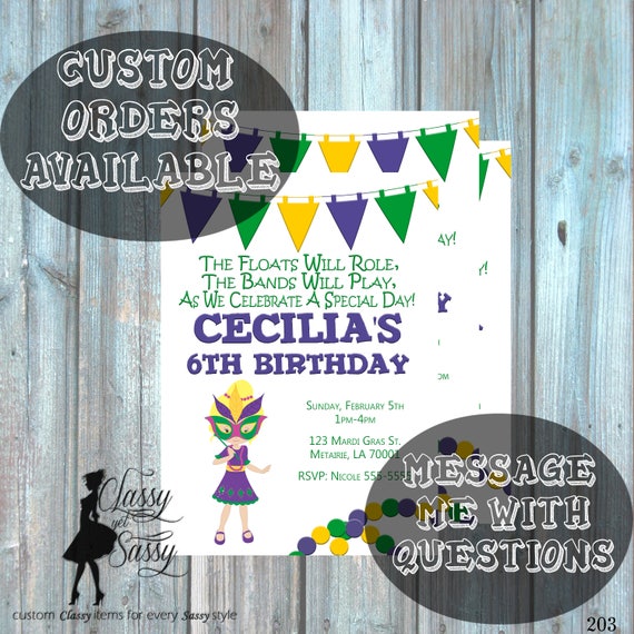 Mardi Gras Birthday Party Invitation, Mardi Gras Party, Parade party, New Orleans Baby, New Orleans Birthday Invitation-203