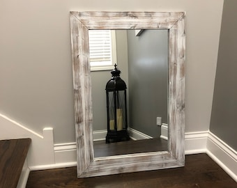 WHITEWASH Mirror, Wood Framed Mirror, Rustic Wood Mirror, Bathroom Mirror, Whitewashed Wall Mirror, Vanity Mirror, Small Large Mirror, Gift