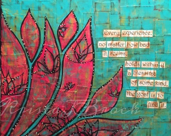 Find The Blessing Buddha quote mixed media collage canvas print mounted in wood