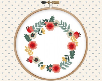 Floral wreath cross stitch pattern pdf - instant download - digital download - flower pattern pdf - pillow embroidered