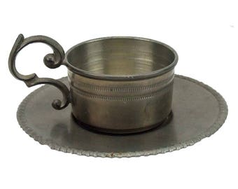 Antique Vintage Miniature Goebel West Germany Pewter Saucer and Ornate German Teacup Childs Children Ornate Handle