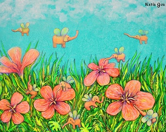 Warm Buzz Art Print Spring Flying Elephants