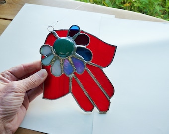 Red Flower Hamsa - Stained Glass Suncatcher in Crimson, Red, Blue, Turquoise, Aqua