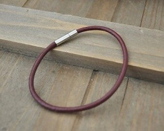 BURGUNDY maroon timeless leather bracelet wristband with silver coated plug in clasp subtle minimalist simple women men kids sizes