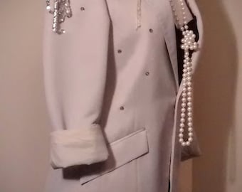 Embellished Vintage Men’s Tuxedo Jacket with Glitzy Sequin Appliqués and Shoulder Flounces