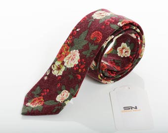 Burgundy Floral tie Men,Floral Groomsmen wedding tie, Skinny wedding tie, groomsmen tie, Neckties,Floral ties,
