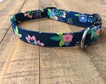 Navy floral dog collar - flower dog collar - pink flower dog collar - pink dog collar -navy dog collar -girl dog collar
