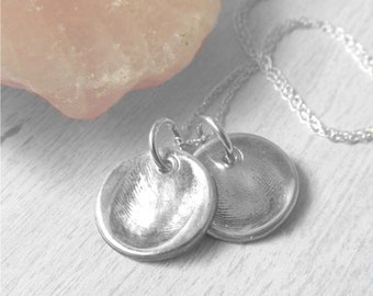 Silver Fingerprint Charm Necklace, Fingerprint Jewelry, Two Charm Fingerprint Necklace, Baby Thumbprint Necklace