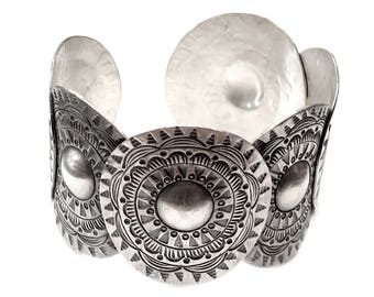 Ethnic Sterling Silver Boho Statement Cuff Bracelet, Gypsy Tribal Mandalas on Oxidized Dark Silver Discs Handmade Large Cuff Bangle