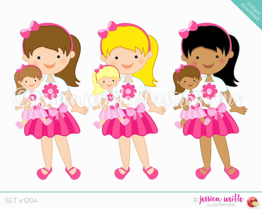 Pink Flower Dolly and Me Girl Cute Digital Clipart Cute Girl