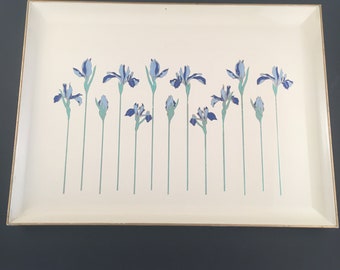 Vintage Otagiri Lacquerware Blue "Iris Rhapsody" Large Serving Tray, Vintage Otagiri Lacquerware Tray, Lacquer Serving Tray by Otagiri