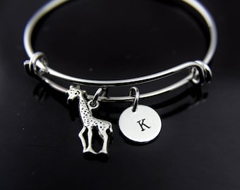 Giraffe Charm Bracelet Silver Giraffe Charm Bangle Giraffe Jewelry Expandable Bangle Personalized Bangle Initial Charm Initial Bangle