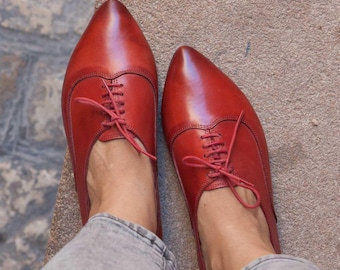 Women Leather Shoes, Leather Oxfords, Oxford Shoes, Painted Leather Shoes, Closed Shoes, Red Shoes, Handmade, Free Shipping