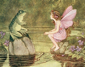 Hand-cut wooden jigsaw puzzle. FROG and FAIRY. Outhwaite. Fairytale gift. Wood, collectible. Bella Puzzles.
