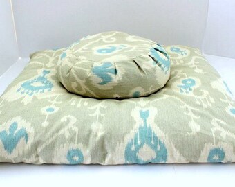 Meditation Cushion Set, Buckwheat Zafu & Cotton Zabuton - Ocean Ikat