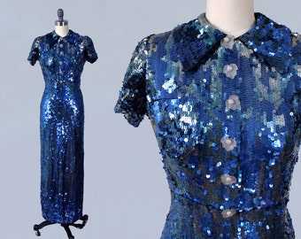 RARE!! 1930s Dress / INCREDIBLE 30s Entirely SEQUINED Gown / Blue Evening Gown / Breast Pocket / Collar / Novelty Leaf Buttons!