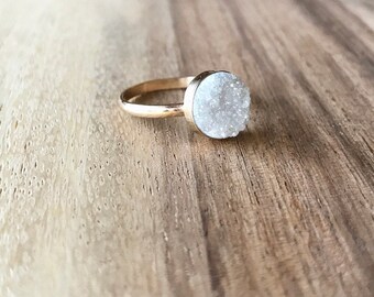 10 mm Gold Druzy Ring, Druzy Ring, White Druzy Ring, White Druzy, Druzy Jewelry