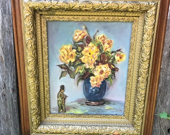 Vintage Antique Oak Wood and Gesso Picture Frame with Hand Painted Picture