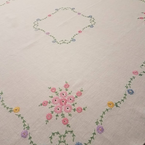 Floral embroidery antique vintage linen tablecloth