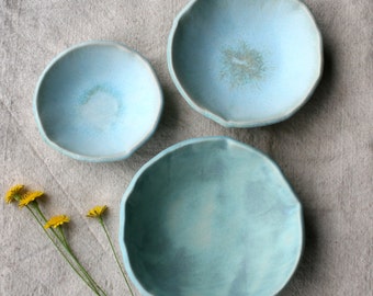 Set of 3 Ceramic Turquoise Nesting Bowls, Serving Bowls, Handmade Ceramic Bowls, Ceramic Dishware, Wedding Gift