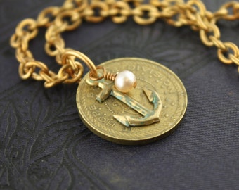 Mt. Hope Bridge Token Necklace - Anchor/Pearl