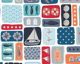 Seaside Fabric, Sea Montage Cotton Fabric by Makower from their Marina Collection, Nautical White Cotton Fabric