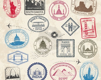 Landmark Stamps Clipart,travel stamps clipart,passport ctamps clipart,stamps clipart,digital download