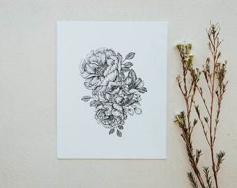 Peonies Botanical Floral Pen & Ink Hand Drawn Illustration