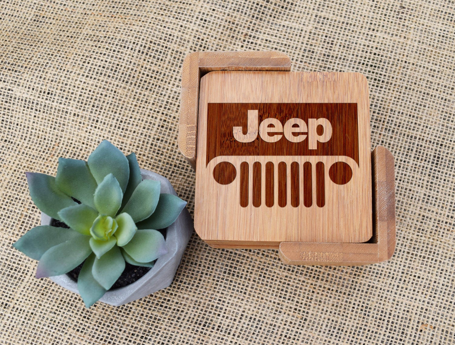 Jeep Coasters Set of 6 with Holder Bamboo Laser Engraved