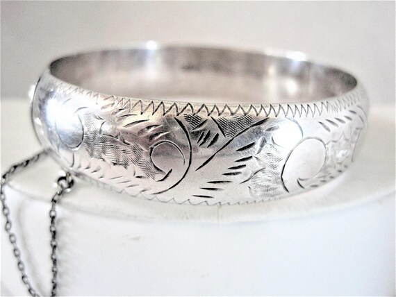 Sterling Silver Bracelet, Wide Etched Trim, Hinged with Safety Chain - Sterling Bangle