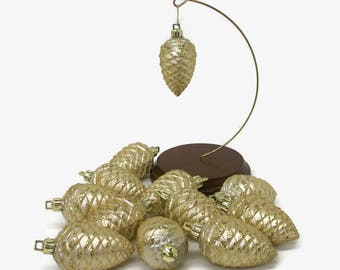 Set of 12 Twelve Vintage Plastic Pinecone Ornaments with Sugared Glitter, 3" Pale Gold Sparkly Faux Glass Pinecone Christmas Ornaments