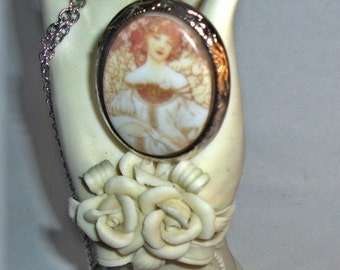 Beautiful Alphonse Mucha Lady REVERIE Silver Locket Necklace
