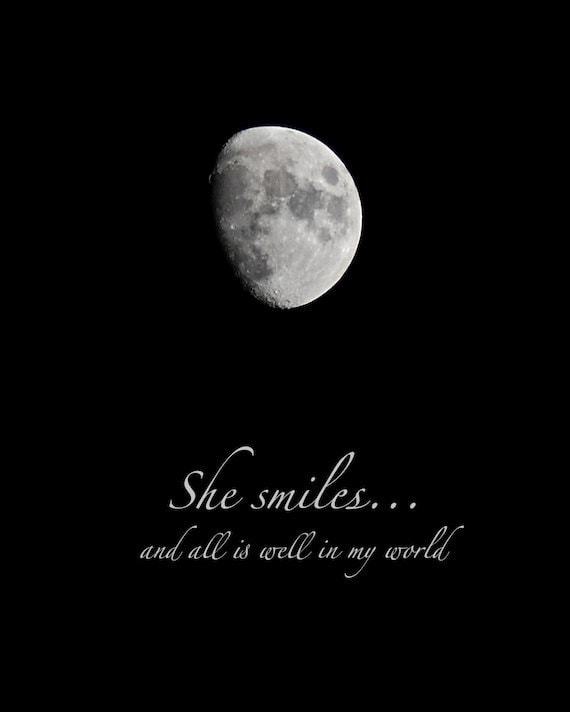 Moon Photo Quote She Smiles waxing gibbous moon print with