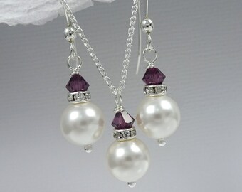 Plum Jewelry Set, White Pearl Necklace and Earrings Set, White Pearl and Purple Bridesmaid Jewelry, Eggplant Purple Wedding Jewelry Set
