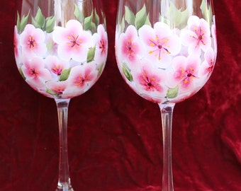 Hand Painted Wine Glasses (Set of 2) - Cherry Blossoms