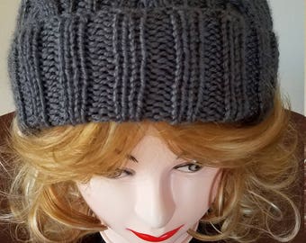 Charcoal Grey Color Cable Hand-Knit Hat. Super soft - Ready to be Shipped