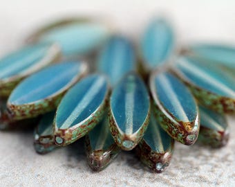 Opal Light Teal Picasso Czech Glass Beads, Spindle Table Cut Beads, Oval Beads, 18x7mm (12 pcs) NEW