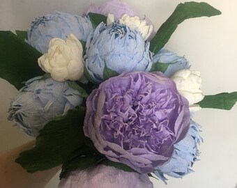 Bouquets of blue and lilac crepe paper peonies