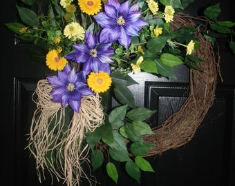 Summer Wreath, Front Door Wreath, Clematis Wreath, Purple Yellow Wreath, Floral Wreath.