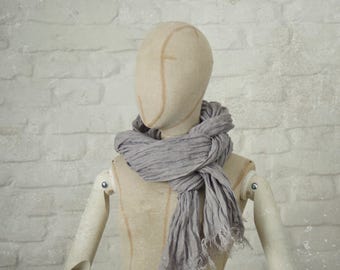 PURPLE GREY LINEN scarf / soft fringe