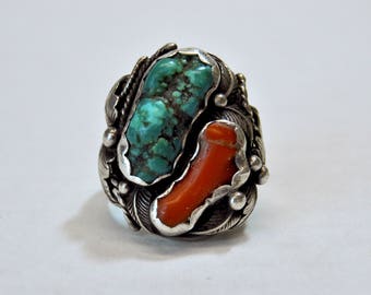 Vintage Coral and Turquoise Silver Ring