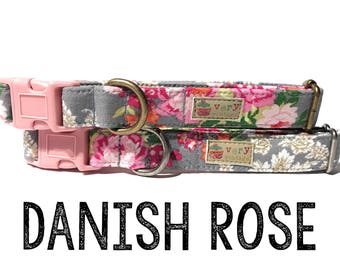Vintage Dog Collar - Floral Dog Collar - Girl Dog Collar - Shabby Chic Dog Collar - Antique Metal Hardware - "Danish Rose"